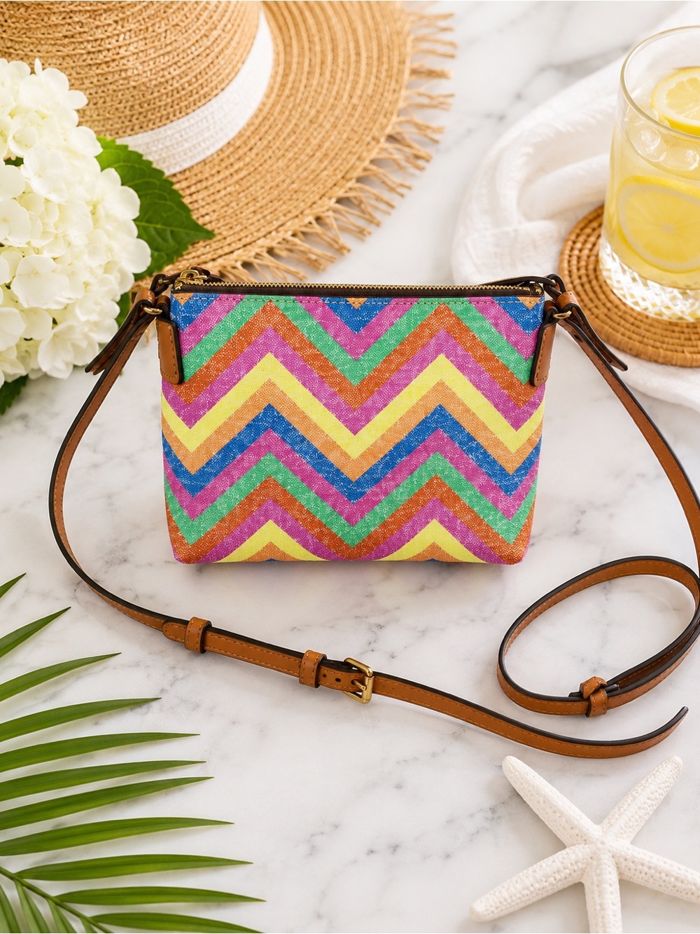 Dooney & Bourke Chevron Ginger Crossbody | Rainbow Multicolor Coated Cotton Bag - Picture 4 of 6